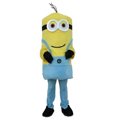 Fantasia insuflável de Minion amarelo com macacão azul claro e olhos grandes