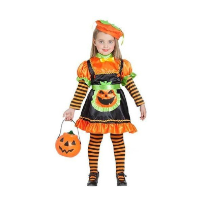 Menina com fato de Halloween de abóbora, com vestido, meias, chapéu e balde correspondente