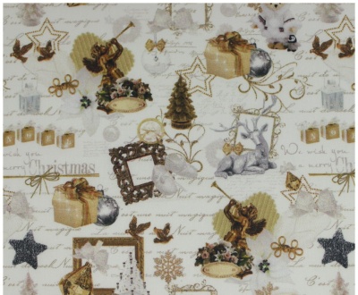 Pano branco com padrão natalício dourado e cinza com anjos, renas, estrelas, presentes e texto