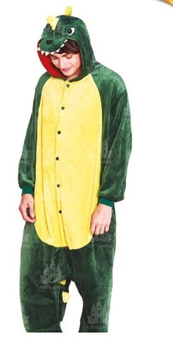 Pijama verde e amarelo com capuz de dragão e botões frontais