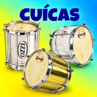 Três cuícas metálicas com logos OZZI e CONTEMPORÂNEA em fundo colorido e texto CUÍCAS.