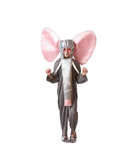 Criança com fato de elefante cinzento e rosa e grandes orelhas cor-de-rosa