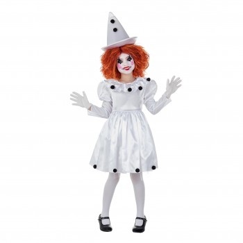 Fato de palhaço branco com bolas pretas para menina, chapéu cónico e maquilhagem de palhaço.