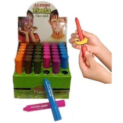 Pacote de sticks de maquilhagem facial ALPINO Fiesta em várias cores com caixa verde e imagens de crianças pintadas