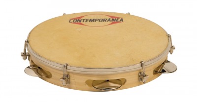 Pandeiro de madeira com pele natural e ferragens metálicas