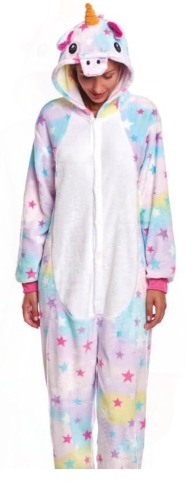 Pijama macacão adulto com capuz de unicórnio colorido e padrão de estrelas