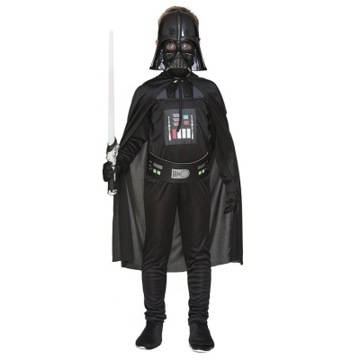 Fato infantil de Darth Vader com capa preta, máscara e sabre de luz branco.