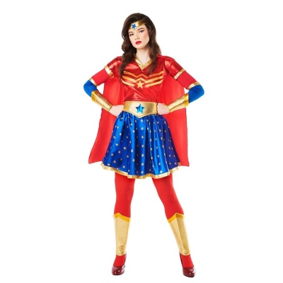 Fato de fantasia Mulher-Maravilha com corpete vermelho, saia azul, capa vermelha e botas douradas