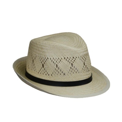 chapéu de palha bege com padrão de malha e fita preta