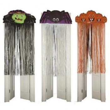 Decorações de Halloween com franja e figuras de bruxa, aranha e abóboras