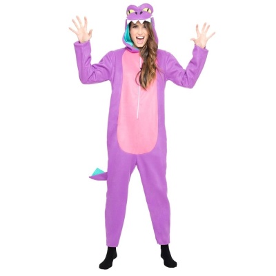 Macacão de pijama unissexo de dinossauro roxo e rosa com capuz e cauda