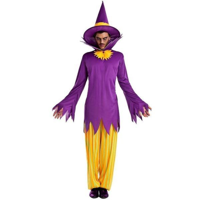 Fato de bruxo roxo e amarelo com chapéu pontiagudo