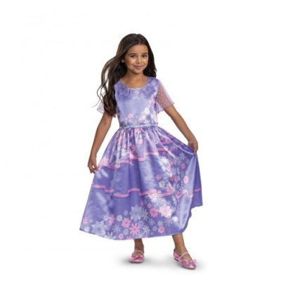 Vestido longo lilás com padrão floral e mangas em tule para menina.