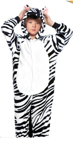 Macacão zebra para criança com padrão listrado preto e branco e capuz com orelhas