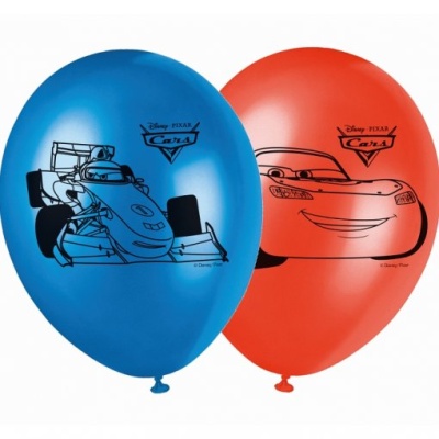 Dois balões Disney Pixar Cars azul e laranja com desenhos de carros