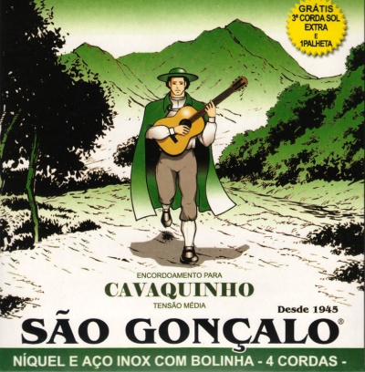 Embalagem de encordoamento para cavaquinho com ilustração e texto promocional em verde