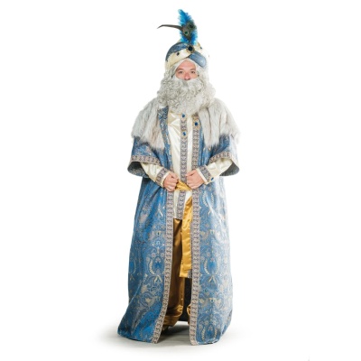 Fato tradicional azul e dourado com chapéu e barba branca