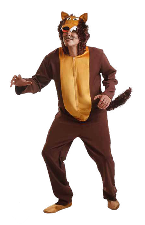 Fato de monstro castanho e amarelo com capuz e cauda