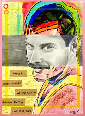 Retrato artístico de Freddie Mercury em estilo pop art e lápis com frases de músicas