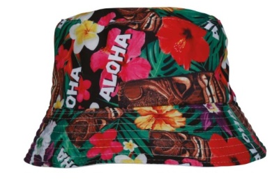 Chapéu pescador com padrão tropical colorido e texto ALOHA