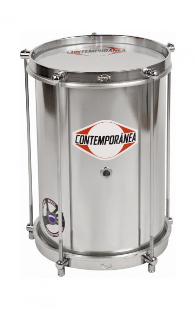 Tambor de aço inox prateado com parafusos e marca CONTEMPORÂNEA