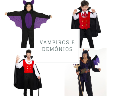 Quatro crianças em fatos de morcego, vampiro e demónio com cores preto, roxo e vermelho
