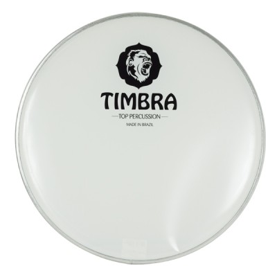 Pele de tambor branca da marca TIMBRA com logo preto e texto