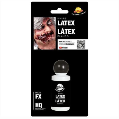 Frasco branco de látex branco para maquilhagem em embalagem preta com texto e imagem de rosto maquiado