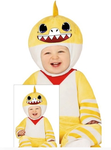 Macacão de bebé amarelo e branco com capuz de tubarão sorridente