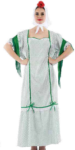 Vestido longo branco com pontos pretos e detalhes verdes, mulher com lenço e flor na cabeça