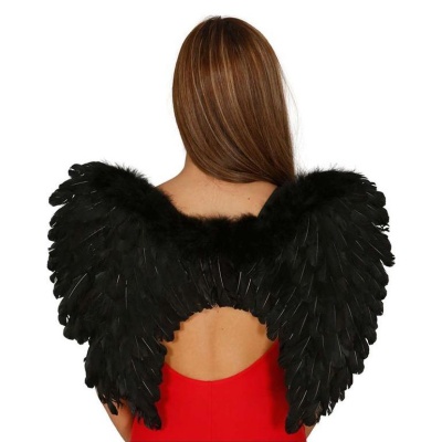 Asas de penas pretas vestidas nas costas em fundo branco