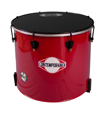 Tambor vermelho com pele preta e texto CONTEMPORÂNEA