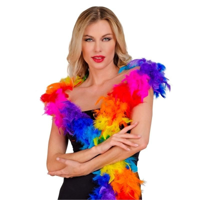 Mulher com candeeiro de penas coloridas em fundo branco