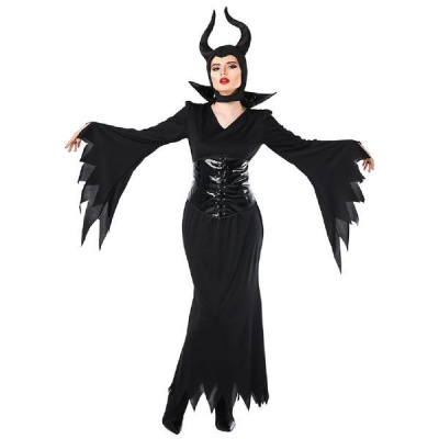 Fato feminino preto Malévola com cornos e corset brilhante