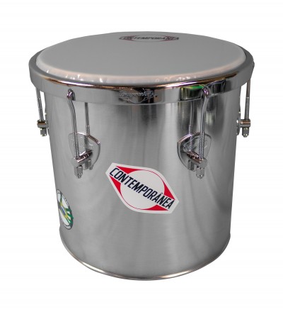 Tambor de percussão em metal prateado com etiqueta CONTEMPORÂNEA