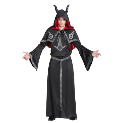 Fantasia de feiticeiro preta com capuz e detalhes vermelhos e prateados