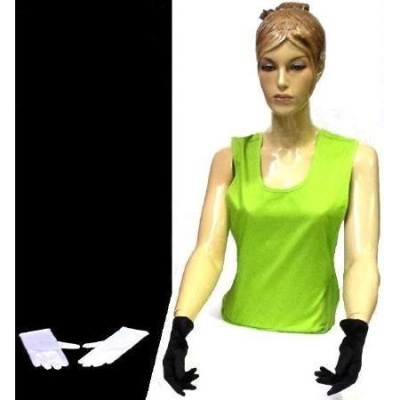 Mannequin with green top and black gloves, white gloves on black surface