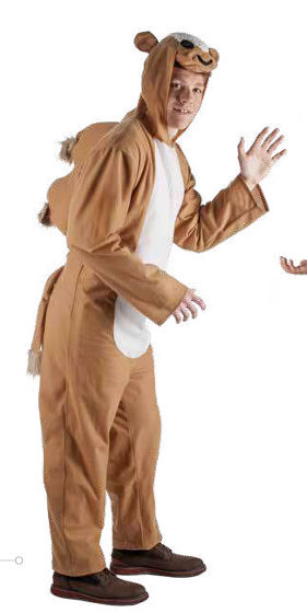 Fato integral de canguru castanho com capuz e cauda