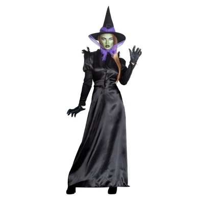 Fato de bruxa preto com gola roxa e chapéu pontiagudo