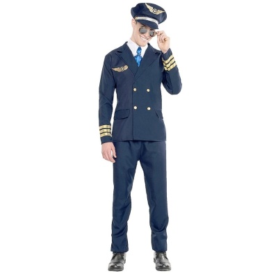 Homem com farda de piloto azul escuro, chapéu e óculos de sol