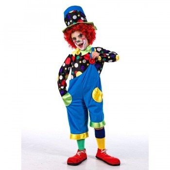 Fato de palhaço colorido para criança com bolas, calças azuis e sapatos vermelhos grandes