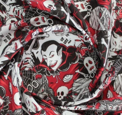 tecido com padrão de monstros e Halloween em cores vermelha, preta e branca