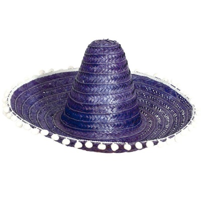 Chapéu sombrero roxo com pompons brancos em palha trançada