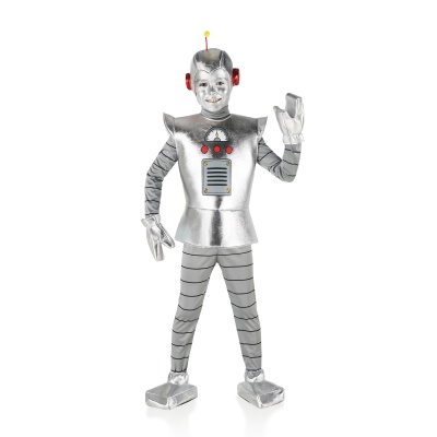 Menino com fato de robô prateado com antena amarela a acenar