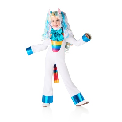 Fato de unicórnio branco com detalhes azuis e crina colorida