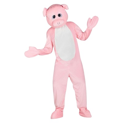 Fantasia de porco rosa com barriga branca e cabeça grande em tecido macio
