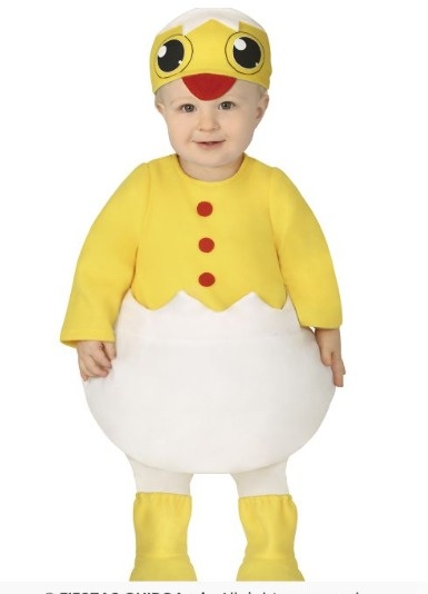 Fato de pássaro amarelo e branco para criança em fundo branco