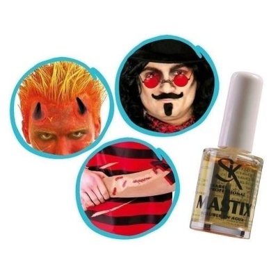 Frasco de verniz para maquiagem ao lado de pessoas com maquiagem e adereços de Halloween