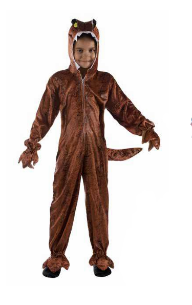 Criança com fato castanho de dinossauro em fundo branco