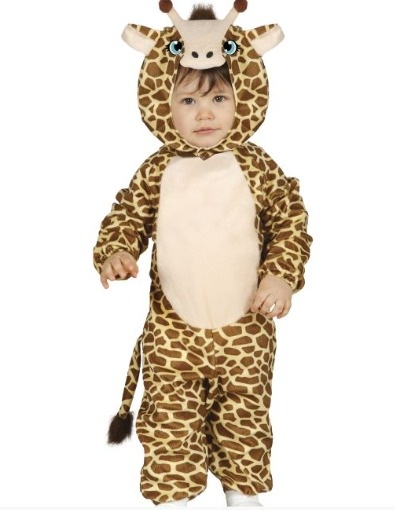 Criança em fato de girafa peluche castanho e bege com capuz e cauda